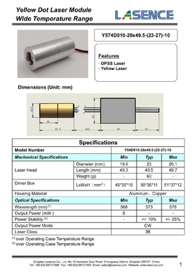Lavori di costruzione 574nm Laser giallo 8mW 10mW DPSS Laser Alta stabilità Ricambi Tipo componente laser